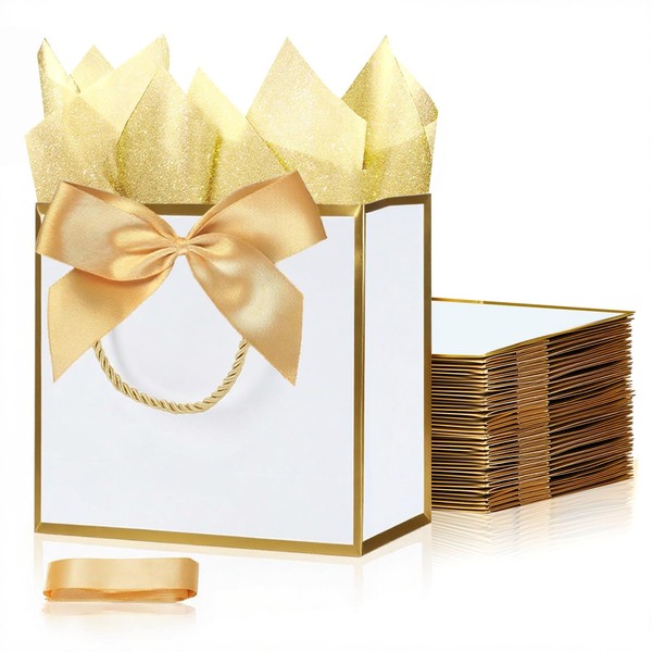 SHIPKEY 10 PCS White Gift Bags (GoldTrim), 7.5"x2.8"x6" Small Welcome