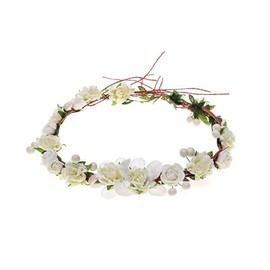 Lofruiin Women's Bohemian Rose Flower Wreath Tea Bud Flower Wreath Rattan Garland Headpiece Headband for Wedding Travel Photography (A- White, Free)