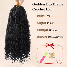 8 Packs Goddess Box Braids Crochet Hair for Black Women 14 Inch - Boho knotless Box Braids Crochet Hair Pre Looped Synthetic Braids Hair Extensions 3X Bohemian Hippie Braids Ombre Colors #1