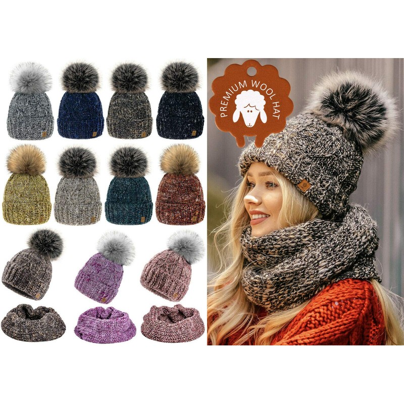 4sold Women's Knitted Hat Lined with Faux Fur Bobble Set