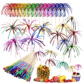 ESUOHYM 100 PCS Fireworks Cocktail Picks Sparklers Toothpicks For Appetizers Skewer Sticks 4.7 Inch Tassel Bamboo Food Picks Charcuterie Boards Cups Accessories Decoration