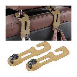 KHGUZ 2PCS Car Seat Headrest Hooks, Multifunctional Metal Leather Vehicle Storage Hangers for Purses and Handbags, Foldable Auto Interior Seat Back Organizer Hook, Universal Fit (Beige)