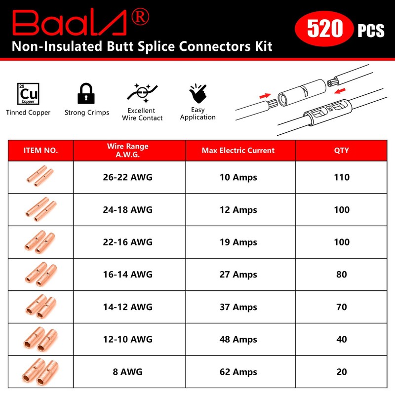 BAALA 520 PCS Non Insulated Butt Connectors Kit Pure Copper,