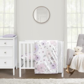 Sweet Jojo Designs Lavender Purple Boho Floral Girl Baby Mini Crib Bedding Set Infant Nursery Room Newborn Blanket Portable Pack n Play Sheets 3pc Pink Grey Bohemian Farmhouse Shabby Chic Watercolor