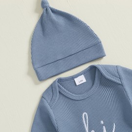 Himllauen Baby Boys Girls Romper Outfit Long Sleeve 3 Pcs Clothes Set with Headband/Hat Newborn Outfit for Baby Fall Spring Winter (Blue, 0-3 Months)