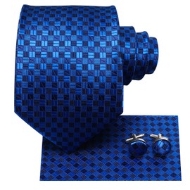 Hi-Tie Juego de corbatas de seda extra largas de 63 pulgadas y 70 pulgadas para hombres y gemelos cuadrados de bolsillo, corbata de cachemira, corbata de negocios, boda, Azul Real, Large