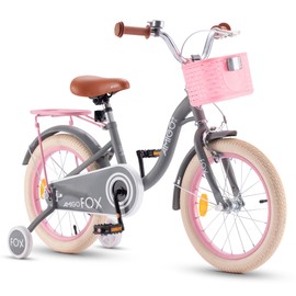 RoyalBaby Toddlers Kids Bike, 14 Inch Girls Bicycle with Basket and Training Wheels for 3-4 Yeas, Children Cycle Bikes AMG Fox, Grey