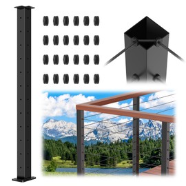 Zylorix 42" T304 Stainless Steel L-drilled Cable Railing Corner Post Black(Post 41"x2"x2"), 90° Drilled Railing Post with Cable Grommets, Fixed Top Mount for Corner Railing System