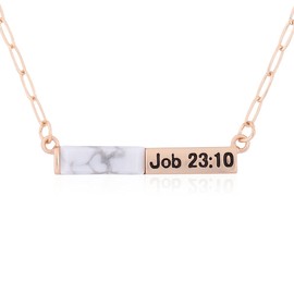 Simple Message Horizontal Bar Pendant Necklace - Inspirational Christian Religious Engraved Plate Delicate Chain Amazing Grace, Hope, Faith, Blessed (Natural Stone Bar - Job 23:10 Howlite)