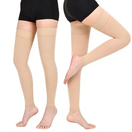 Wegitcs 2 Pairs Thigh High Compression Stockings for Women Men, 20-30mmHg Footless Graduated Compression Socks, Medical Support Sock for Varicose Veins, Edema, Post-Surgery, Sports (Beige, X-Large)