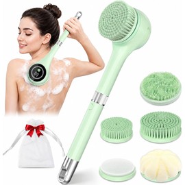 Electric Body Brush Back Scrubber for Shower, Waterproof Long Handle Power Auto Body Scrubber with 5 Heads, 3-Speed Rechargeable Bath Brush for Women, Men, Deep Cleansing, Exfoliating, Massage Skin