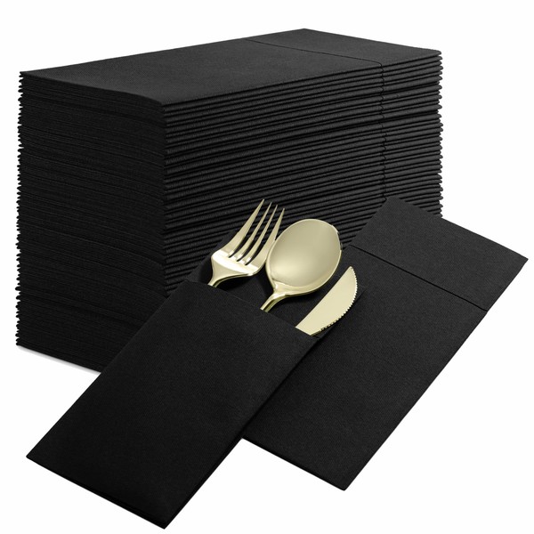 Disposable Linen-Feel Dinner Napkins with Built-in Flatware Pocket, 50-Pack BLACK Prefolded Cloth Like Paper Napkins For Dinner, Wedding Or Party [Silverware NOT Included]