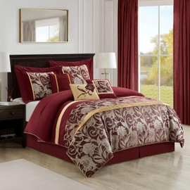 Grand Avenue Black and Red Comforter Set Queen Size, 7 Piece Jacquard Floral Bedding Set, All Season, Ultra-Soft, Matching Pillows & Shams, Bed Skirt