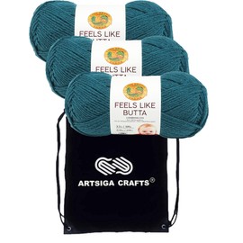 Lion Brand Knitting Yarn Feels Like Butta Teal 3-Skein Factory Pack (Same Dye Lot) 215-178 Bundle with 1 Black Project Bag