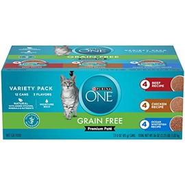 Purina ONE Grain Free, Natural Pate Wet Cat Food Variety Pack, Beef, Chicken and Ocean Whitefish Recipes - (2 Packs of 12) 3 oz. Pull-Top Cans