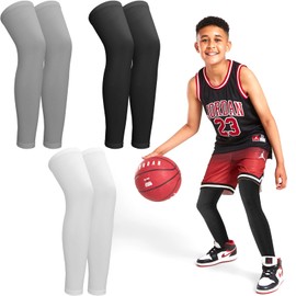 Cptoion 3 Pairs Leg Sleeves,Kids Long Compression Leg Sleeves,Full Length Leg Sleeves UV Protection,Non Slip Basketball Leg Sleeve for Youth Boy Girl Sport Running (Black, White, Gray) (Medium)
