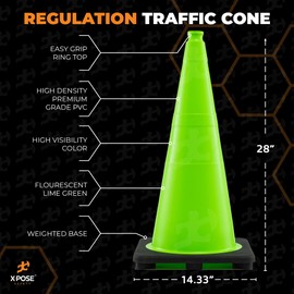 Xpose Safety 28” Lime Green Traffic Cone - 6 Pack - Premium PVC Safety Cone for Parking, Caution, Construction, Road Crews, Emergency Vehicle - DOT Approved