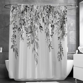 Nuseiis Extra Long Black and White Eucalyptus Leaves Shower Curtains 72 x 84 Inch, Waterproof Fabric Gray Plant Shower Curtain Sets for Bathroom