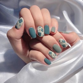 Nail Tips, Set of 24, Short, Gray Blue, Small Floral Pattern, Nail Decoration, Fake Nails, Receptions, Parties, After-Parties, School Entrance Ceremonies, Graduations, Coming-of-Age Ceremonies