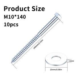 10 Pcs M10 Coach Screws, Hex Head Bolts, Hex Hexagon Head Wood Screws, Galvanized Masonry Concrete Wall Fixing Lag Bolts Screws with Washers for TV Bracket Decking - M10 (10mm) X 140mm Screws