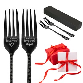 EDATOFLY 2 Pieces Fork with Engraving I Forking Love You, Stainless Steel Fork with Gift Box, Christmas Gifts, Wedding Anniversary Gift for Him/Him (Black)