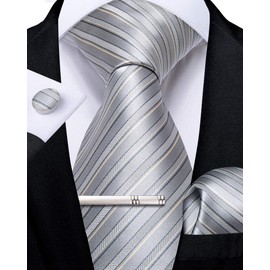 DiBanGu Necktie, Striped Necktie, Handkerchief, Cufflinks, Tie Pin Set, Wedding, Business, School Entrance Ceremony, Graduation, Year End Party, silver1