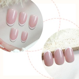 White French Tip Press on Nails Medium Oval False Nails Glossy Artificial Glue on Nail Reusable Natural Stick on Nail for Women