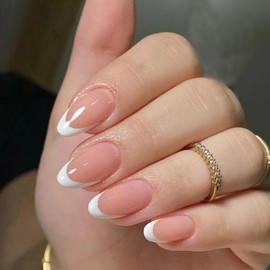 French Tip Press on Nails Almond Short Fake Nails Glossy Nude False Nails White Tip Nails Glue on Acrylic Nails Classic Natural Artificial Nails Reusable Stick on Nails for Women Girl Manicure 24Pcs
