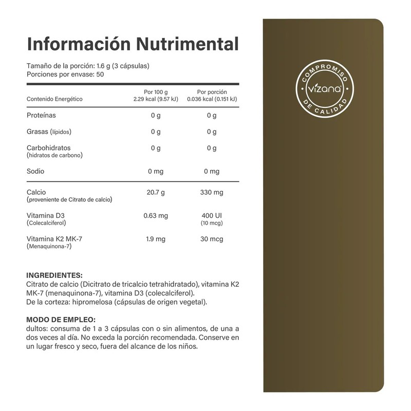 Citrato De Calcio De 150 Caps-530 Mg Vizana Nutrition