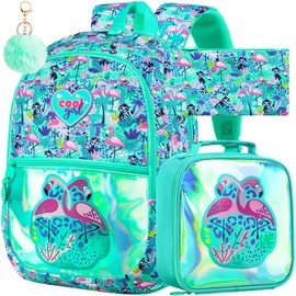 FTJCF 3Pcs Backpack for Girls, 16.5" Girls Flamingo Bookbag with Lunch Box，Lightweight Kids Backpacks Set for Kindergarten/Preschool/Elementary School (Green)