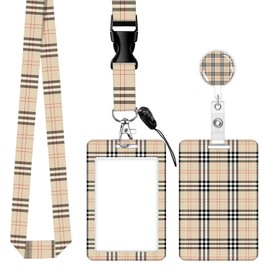 ID Badge Holder with Retractable Badge Reel Clip and Lanyard, Cute Card Name Tag Lanyard Vertical ID Protector Bage Clips for Nurse Doctor Teacher Student (Beige Tartan Plaid)