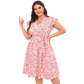 BLUEMING Women's Plus Size Summer Floral Midi Dress V-Neck A-Line Dress Ruffled Cap Sleeves Belt Dresses with Pocket Pink 2XL