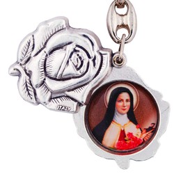 Glorieux Rose Shaped Pewter Key Chain with Religious Pictures Inside | Slides Open | 5 Different Sets of Religious Figures to Chose from | Great Gift | Made in Italy (St. Therese | Blessed Mother)