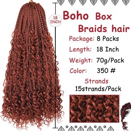 Beverlee 18 Inch Boho Box Braids 8 Packs Goddess Box Braids Crochet Hair Bohemian Hippie Braids Braiding Hair Box Braids with Curly Ends Messy Pre-looped Synthetic Crochet Hair for Women 128 Strands