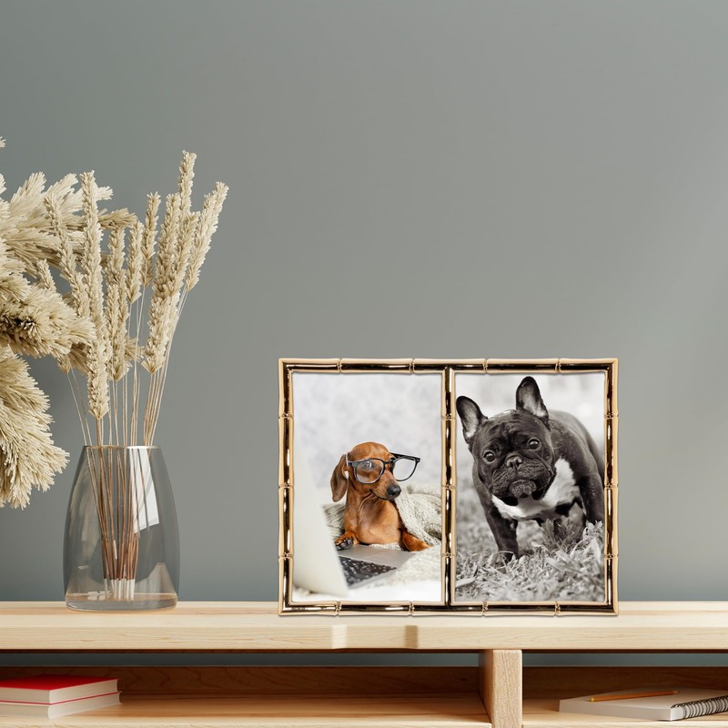 Lawrence Frames 4x6 Double Gold Metal Picture Frame with Bamboo