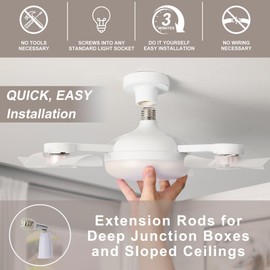 OOPTREVOL Socket Ceiling Fans with Lights and Remote 19.7" Low Profile Ceiling Fan with Light 4-Blade ABS Ceiling Fan with Light 3-Color Dimmable LED Ultra-Quiet Waterproof with Foldable Adapter
