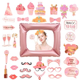 Gold Rose Birthday Selfie Frame,Inflatable Picture Selfie Frame with 33 Pcs Birthday Photo Booth Props for Any Ages,Birthday Frame Props for Girls Boys Ladies Birthday Party Decor