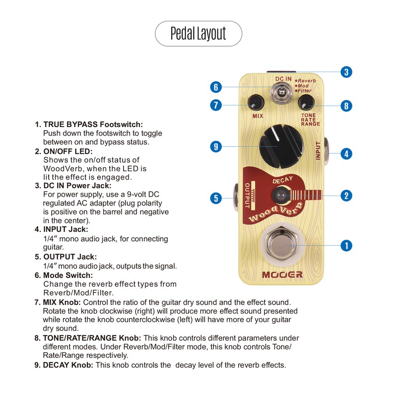 Mooer WoodVerb Acoustic Guitar Reverb Pedal Digital Reverb Pedal Reverb/Mod/Filter