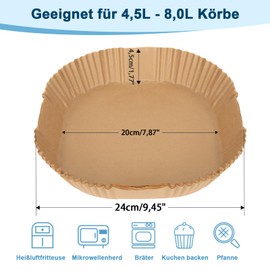 Pack of 100 Baking Paper for Hot Air Fryer, Stone TH 20-24 cm Airfryer Baking Paper for 4.5L-8L Hot Air Fryer, Frying Pans, Oven