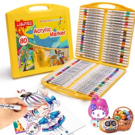 Plumones Acrilicos - Ligutec Marcadores Acrílico de Punta Rotulador Pincel Blanda No Tóxico Para Niños y Adultos, Con Estuche de PVC Para Lienzo Papel Vidrio Madera Plásticoo (Blanco, 80PCS)