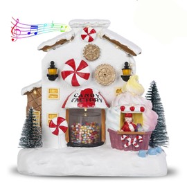 Christmas Village Houses, Farmhouse Musical LED Lighted Christmas House Decor, Resin Christmas A Candy Factory Figurines Christmas Home Accessories for Home Decor