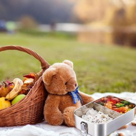 Bento Lunchbox für Erwachsene/Kinder, Edelstahl Brotdose, Brotzeitdose mit 2 Fächern/3 Fächern, Metalldose mit Holzdeckel, BPA-frei Metall Brotbox, Frühstücksbox für Schule/Ausflüge (1200ML,2 Fächern)