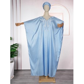 HD African Emroidery&Rhinestone Kaftan Dress for Women Blue Casual Maxi One Size Gown With inner Adjustable Belt
