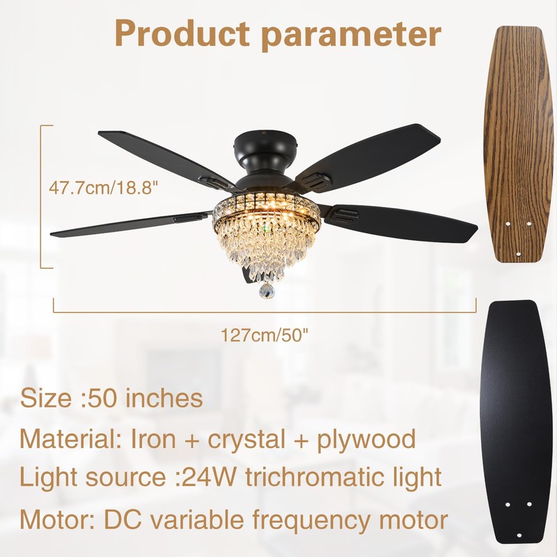 Crystal Ceiling Fan Fandelier with Lights-Ceiling Fans,50" Low Profile and