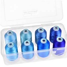 New brothread - 15 Options - 8 Snap Spools of 1000m Each Polyester Machine Embroidery Thread with Clear Plastic Storage Box for Embroidery & Quilting - Different Blue