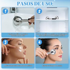 Baderke 2 Bolas de Hielo Faciales de Acero Inoxidable, Irrompibles, para El Cuidado de La Piel Facial, para Ojeras E Hinchazón (Plateadas, Mango Negro)
