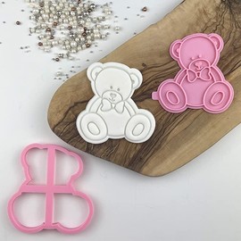 LissieLou Male Sitting Teddy Bear with Bow Cookie Cutter and Stamp Baby Shower Icing Stamp Fondant Embosser - Light Pink
