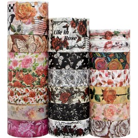 Rose Washi Tape Set, 20 Rolls Vintage Floral Washi Tapes for Journaling, Thanksgiving Flower Letter Butterfly Stickers Decorative Tapes for Crafts Supplies, Scrapbooking Supplies, Junk Journal