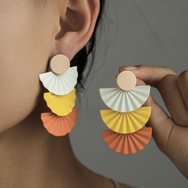Inateannal Vintage Fan Drop Earrings Gold Coin Disc Stud Earrings Colorful Long Fan Shape Earrings Geometric Sector Dangle Earrings Exaggerated Statement Earrings Jewelry for Women and Girls