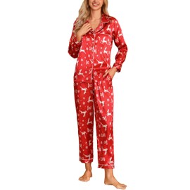 Samring Womens Silk Satin Pajamas Set Button Down Long Pj Set Red Elk Christmas M